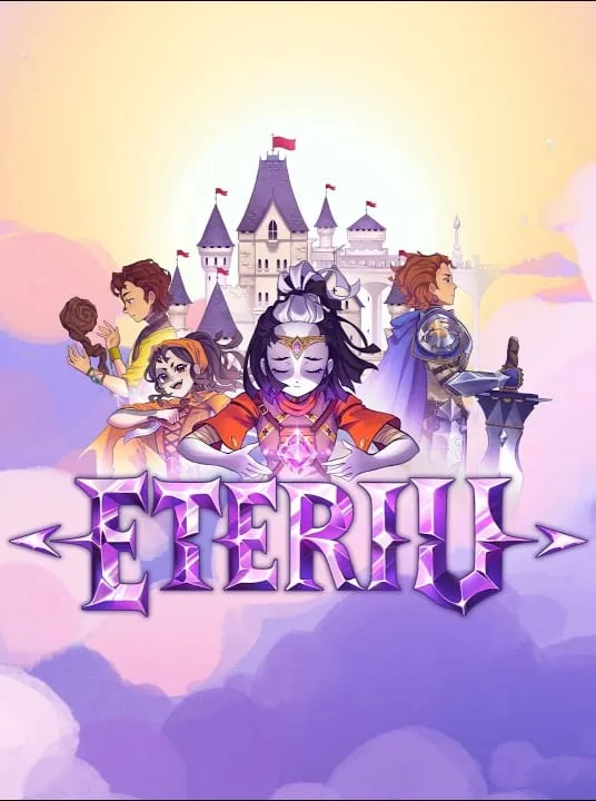 Eteriu key art: a hooded heroine in front of a castle among the clouds